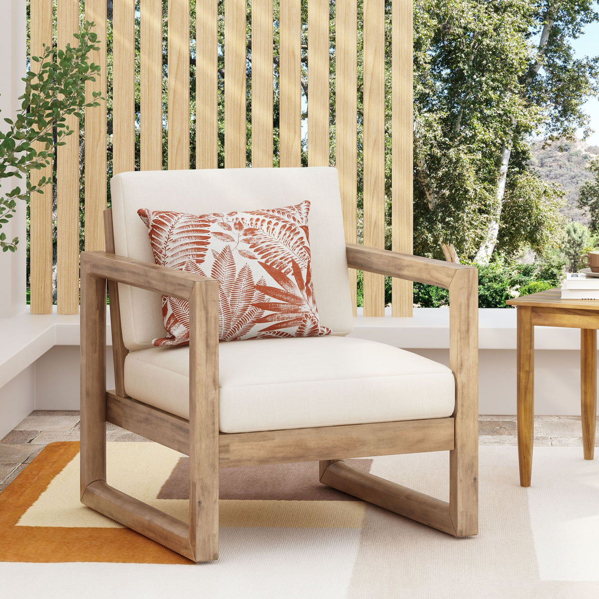 Outdoor Acacia Wood Patio Club Chair with Waterproof Cushions - Natural Finish