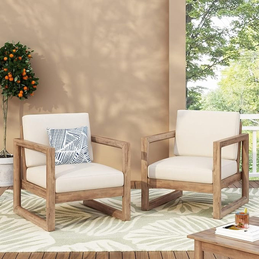 Outdoor Acacia Wood Patio Club Chair with Waterproof Cushions - Natural Finish