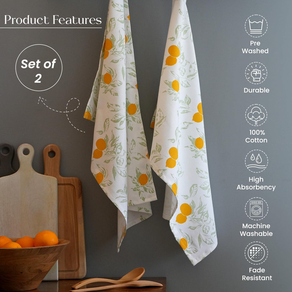 The Fine Living Co. 100% Cotton Kitchen Towels Set of 2 18 x 28 inches Lemon Printed Dish Towels Hand Towels Boho Tea Towels Multifunctional Stylish Absorbent Quick Dry Soft