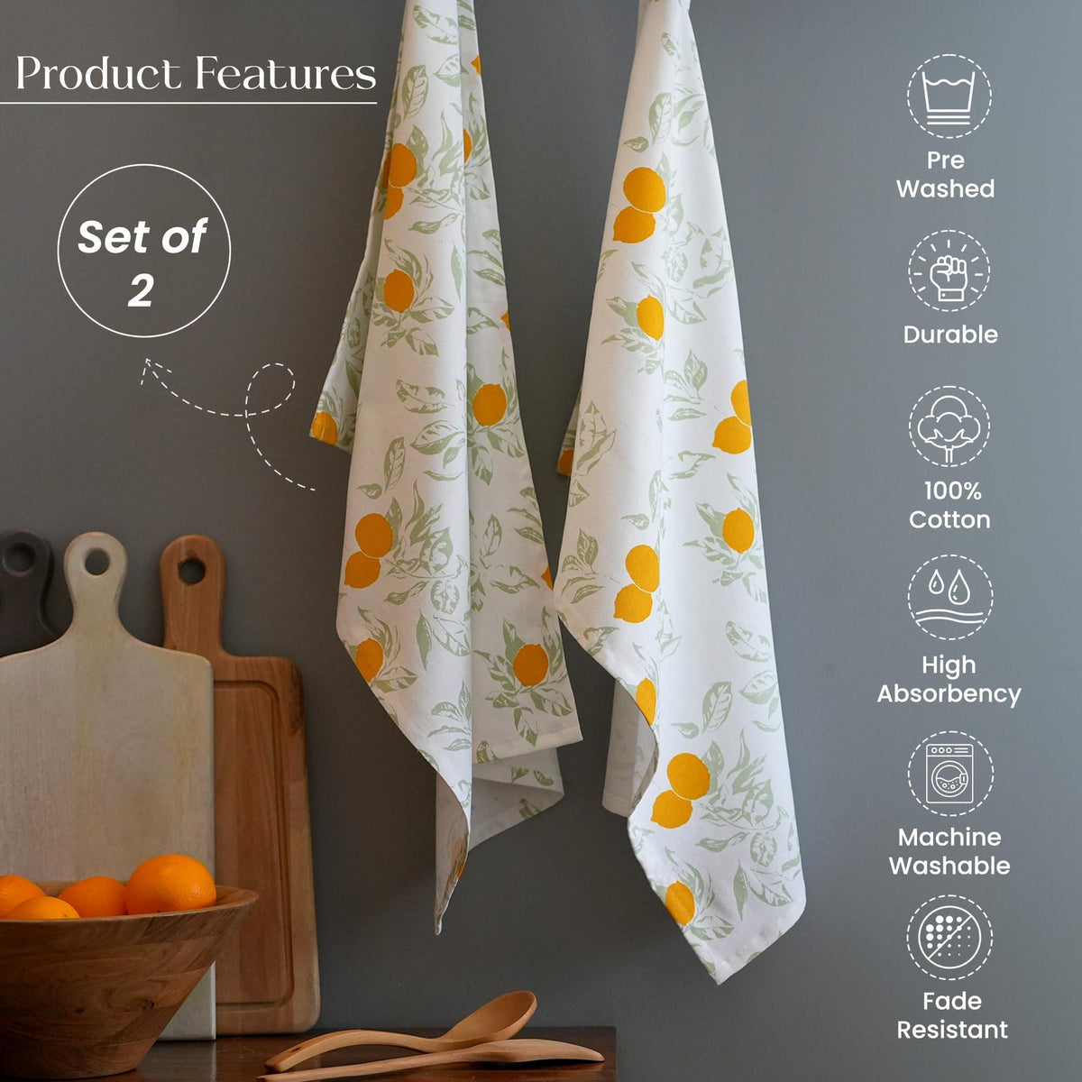 The Fine Living Co. 100% Cotton Kitchen Towels Set of 2 18 x 28 inches Lemon Printed Dish Towels Hand Towels Boho Tea Towels Multifunctional Stylish Absorbent Quick Dry Soft