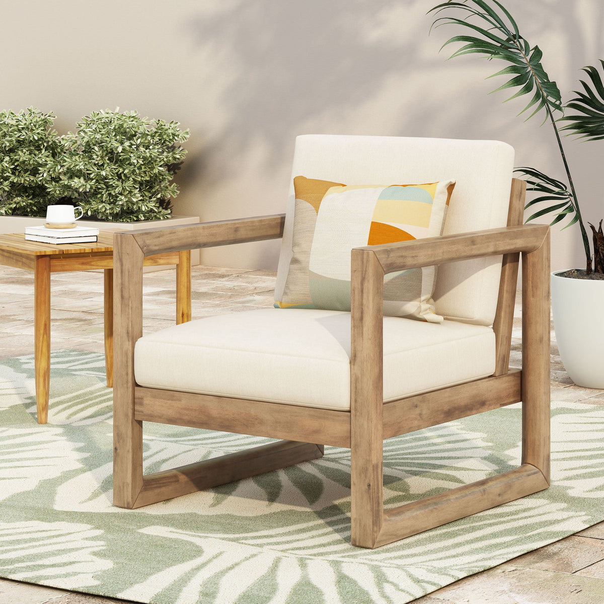 Outdoor Acacia Wood Patio Club Chair with Waterproof Cushions - Natural Finish